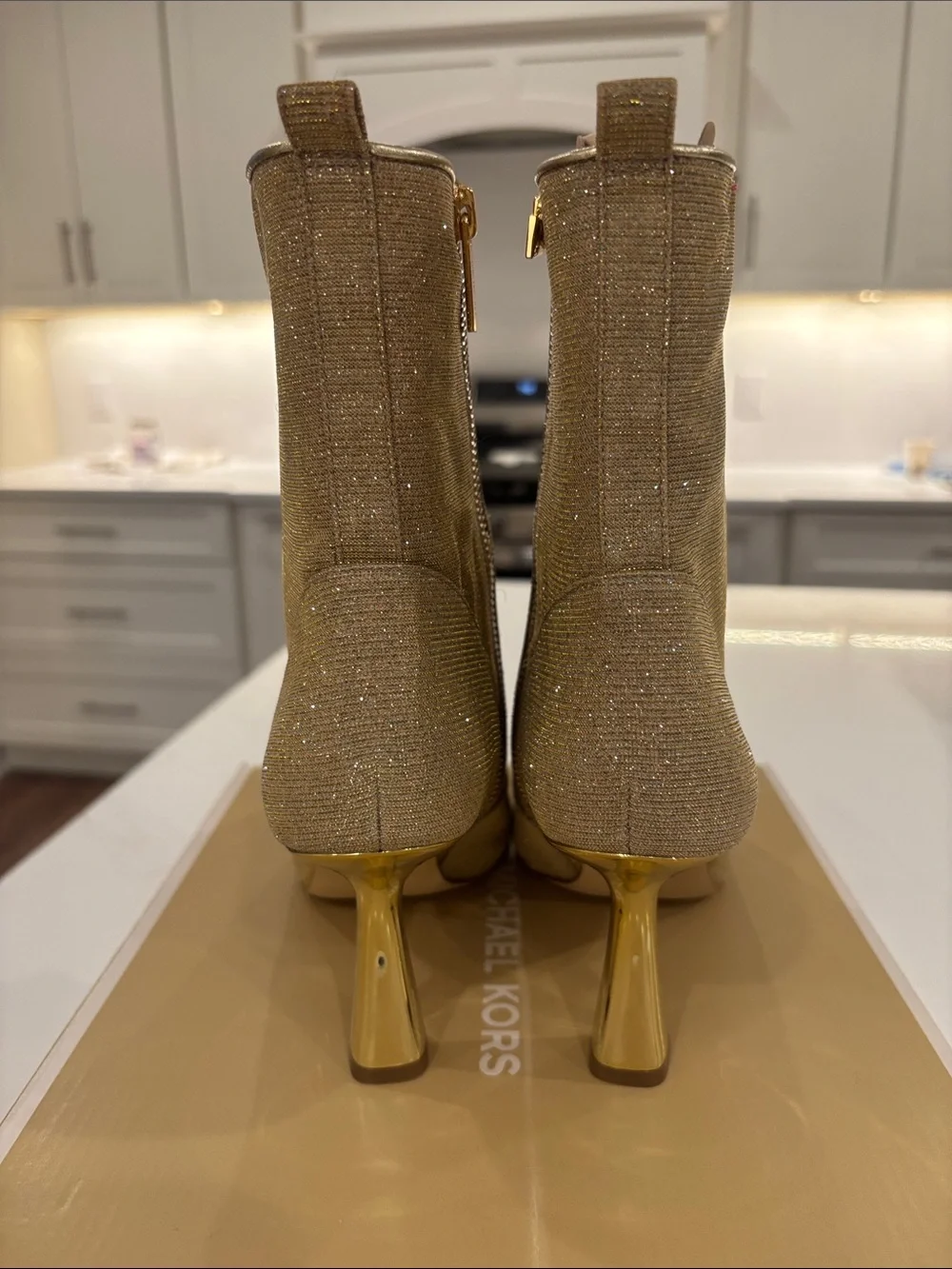 Michael Kors Camel Glitter Pointed-Toe Ankle Booties with Gold Heel